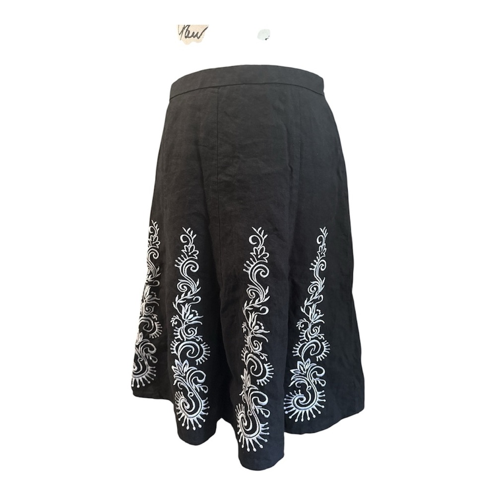 LOFT Black Linen White Embroidered A-Line Flair Fully Lined Midi Skirt Sz 2 EUC - Picture 3 of 11